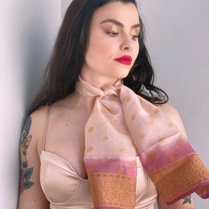 Stunning one of a kind handmade pure saree silk scarf Cream/pink flower print.